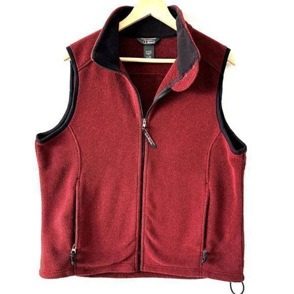 L.L Bean Womens Maroon and Black Zippered Pockets Fleece Vest Size L